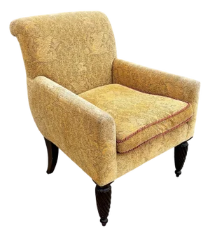 1990 Post Modern Saddle Bag Armchair Lounge W/ Yellow Foliage Pattern Upholstery