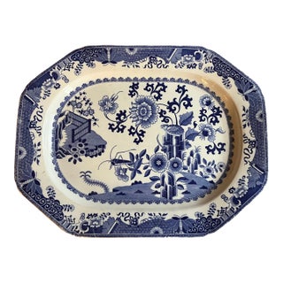 Large Antique Early 19th Century English Chinoiserie Spode Blue and White Transferware Ironstone Turkey Platter in the Grasshopper Quail Pattern For Sale