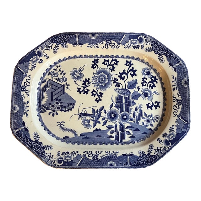 Large Antique Early 19th Century English Chinoiserie Spode Blue and White Transferware Ironstone Turkey Platter in the Grasshopper Quail Pattern For Sale