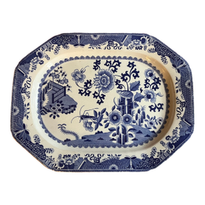 Large Antique Early 19th Century English Chinoiserie Spode Blue and White Transferware Ironstone Turkey Platter in the Grasshopper Quail Pattern