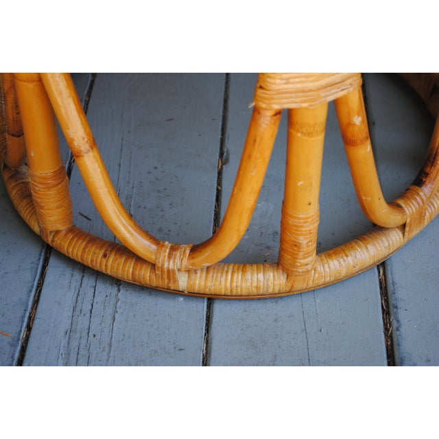 Mid Century Round Drum Bamboo Wicker Top Accent Table For Sale - Image 4 of 9