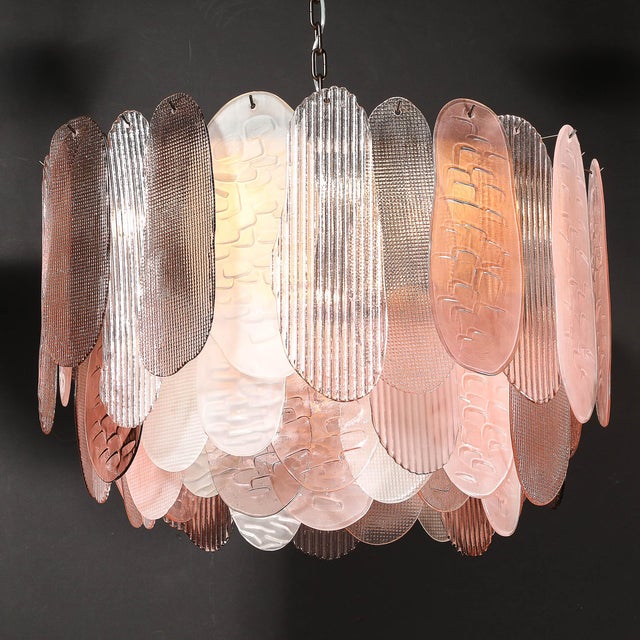 Pink Modernist Round 3-Tier Hand-Blown Murano Glass Chandelier W/ Oval Reeded Shades For Sale - Image 8 of 18