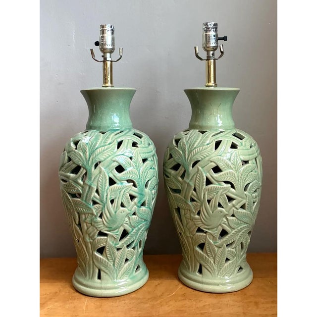 Vintage Celadon Pierced Ceramic Lamps - a pair For Sale - Image 10 of 12