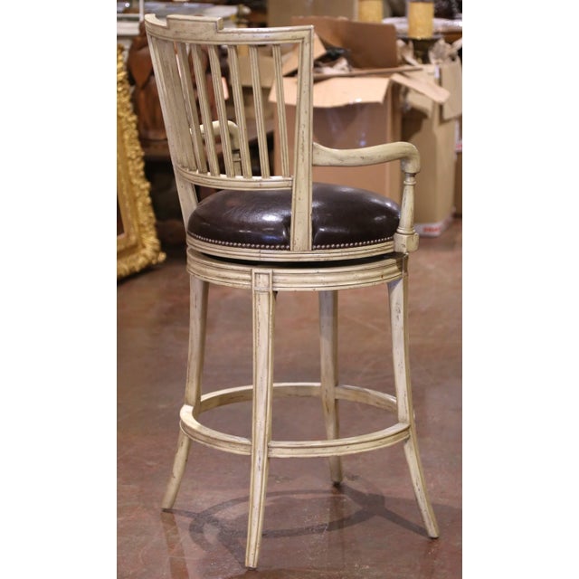 Late 20th Century Louis Philippe Style Cream-Painted Swivel Barstools With Leather Seats- Set of 3 For Sale - Image 10 of 11