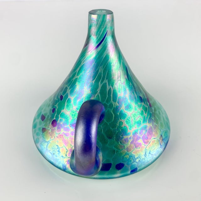 Abstract Vintage Iridescent Oil Lamp Art Glass Loop Handle Green Blue Rainbow For Sale - Image 3 of 7