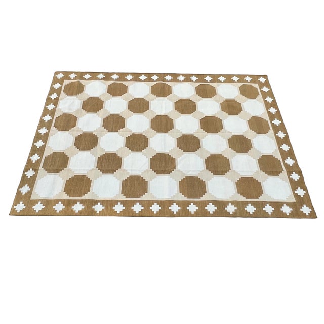 Cotton Vegetable Dyed Tile Pattern Tan, Beige & Cream Rug - 9'x12' These special flat-weave dhurries are hand-woven with...