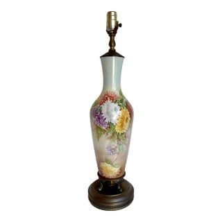 Antique Original Signed Hand-Painted Floral Table Lamp For Sale