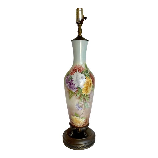 Antique Original Signed Hand-Painted Floral Table Lamp For Sale