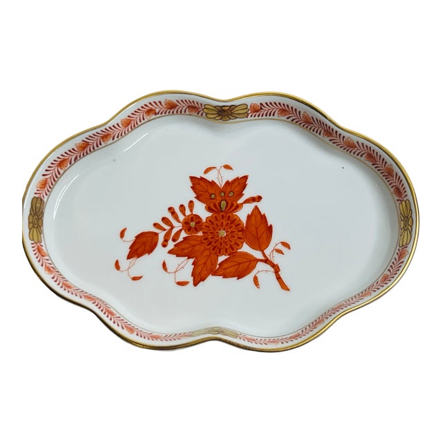 Herend Chinese Bouquet Rust Scalloped Oval Dish For Sale
