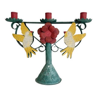 Mid-Century Folk Mexican Painted Tin Candelabra For Sale
