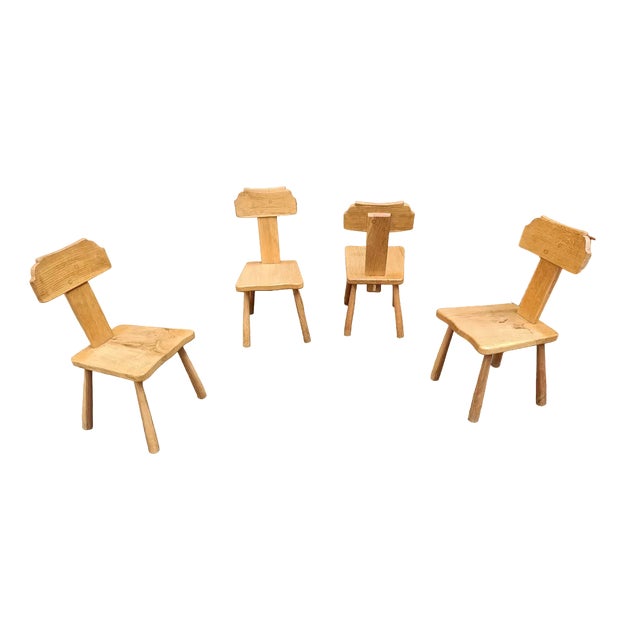 Brutalist Hand Carved Wooden Chairs, 1950s, Set of 4 For Sale