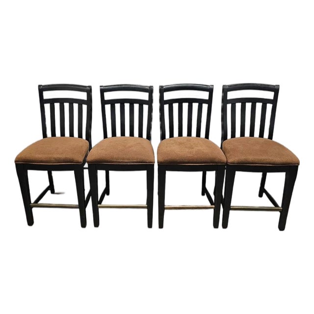 Set of 4 Black Counter-Height Slat Back Chairs With Brown Upholstered Seats – Modern Farmhouse Bar Stools For Sale