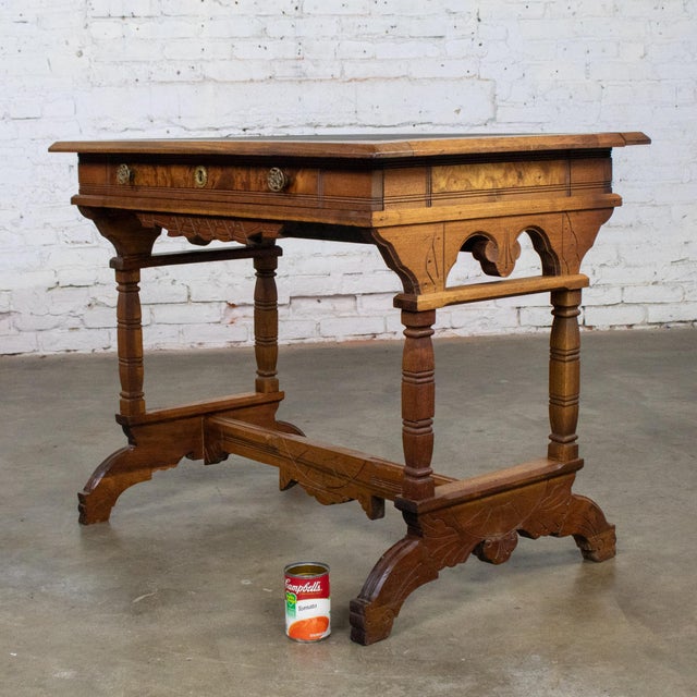 Late 19th Century Eastlake Victorian Style Ladies Writing Desk Walnut Burl and Faux Leather Top For Sale - Image 18 of 18