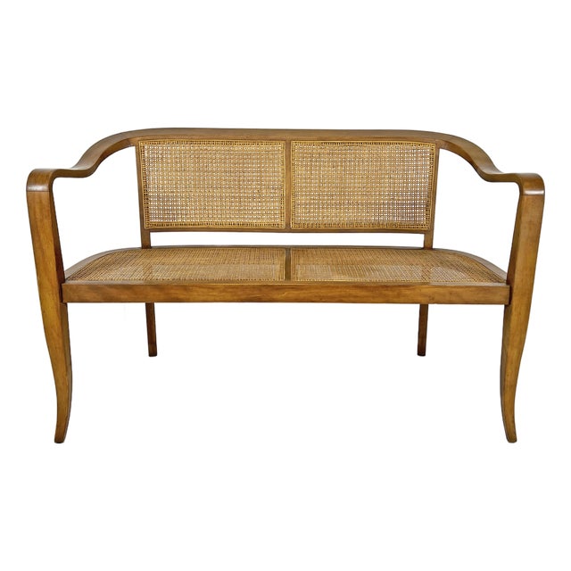 C. 1950s Sinuous Bentwood Hand-Caned Settee in the Manner of Dunbar For Sale