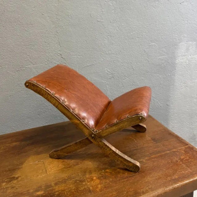 1970s Mid-Century Wood and Leather Stool, Europe, 1970s For Sale - Image 5 of 7