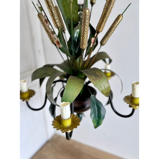 French Country Tole Botanical Five-Light Chandelier with Cattails and Flowers, 1960s For Sale - Image 13 of 17