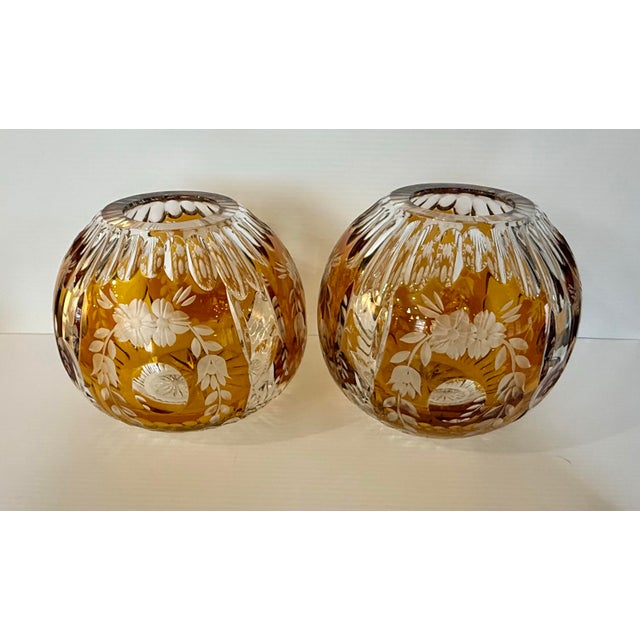 Pair of Vintage Huta Julia Poland Amber Cut-to-Clear Crystal Orb Bowls For Sale - Image 10 of 12
