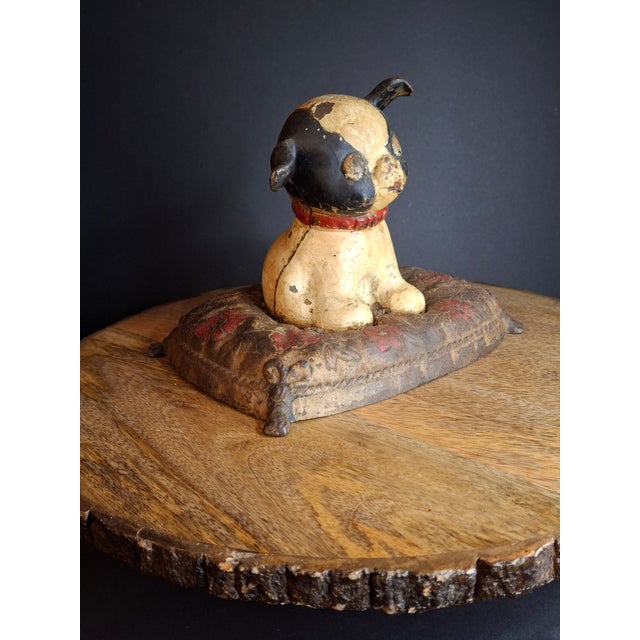 American Antique Hubley Cast Iron Fido on Pillow Still Penny Bank, Original Paint C. 1920s For Sale - Image 3 of 17