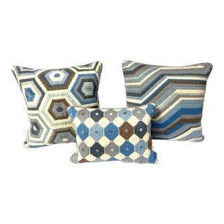 Jonathan Adler Hand Stitched Embroidered Bargello Waves Wool Throw Pillows - Set of 3 For Sale