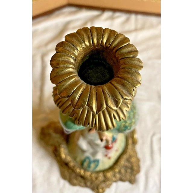 Late 20th Century Antique Ormolu Mounted Hand Painted Porcelain Parrot Candlestick Holder 14" tall For Sale - Image 5 of 7