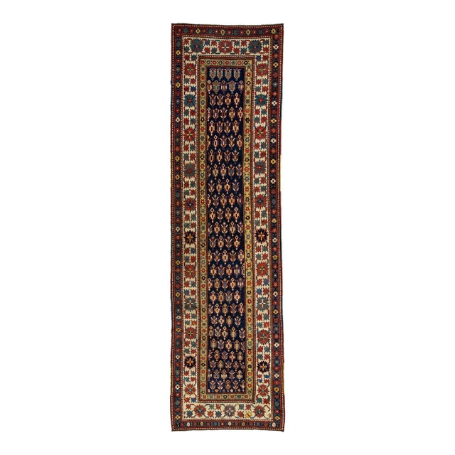 Vintage Kazak Caucasian Wool Runner in Blue With Multicolor Allover Design For Sale
