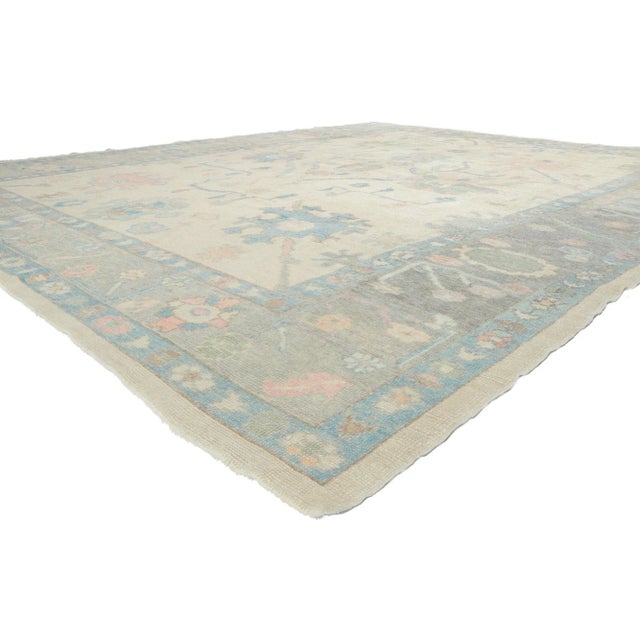 53796 Turkish Oushak rug 12'00 x 14'11. Polished and playful, this hand-knotted wool contemporary Turkish Oushak rug...