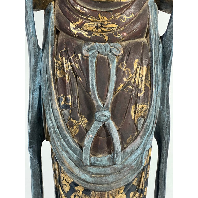 Gold Late Qing Dynasty Lacquer & Polychrome Carved Wood Figure of Guan Yin, Chinese Goddess of Compassion & Mercy Circa 1890 For Sale - Image 8 of 10