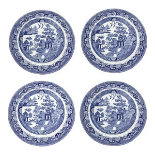 Vintage Set of 4 Pearl Stoneware Blue & White Transfer Plates by Podmore & Walker and Co. For Sale