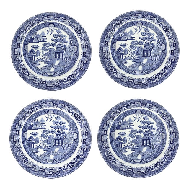 Vintage Set of 4 Pearl Stoneware Blue & White Transfer Plates by Podmore & Walker and Co. For Sale