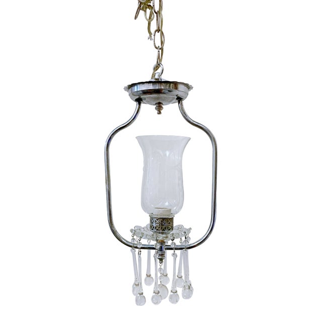 1950s Colonial Revival Style Pendant Fixture With Etched Glass Shade For Sale