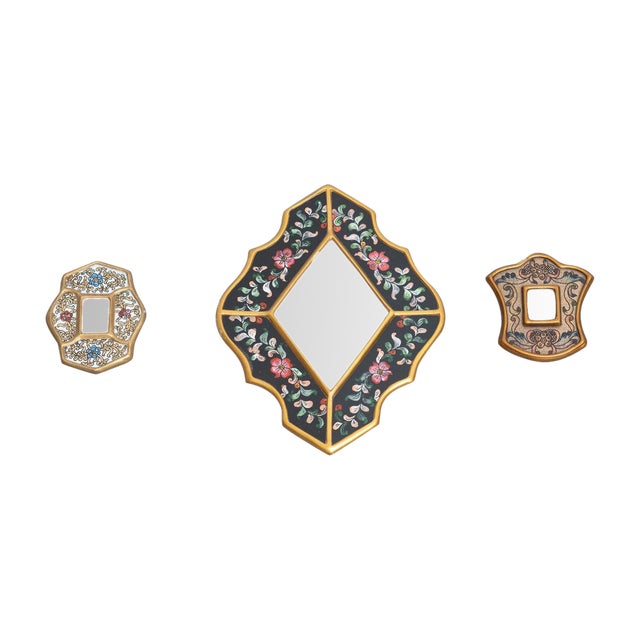 Mid-Century Peruvian Hand-Painted Wooden Wall Mirrors, 1960s, Set of 3 For Sale