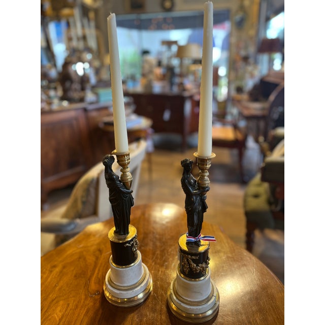 Circa 1800 Pair of Gilt Bronze French Candelabras (Female Figure on Marble Base) For Sale - Image 9 of 9