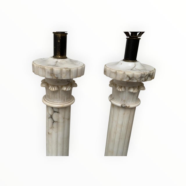 Vintage Italian Neoclassical Alabaster Column Table Lamps With Laurel Wreath Finials - a Pair For Sale - Image 4 of 9