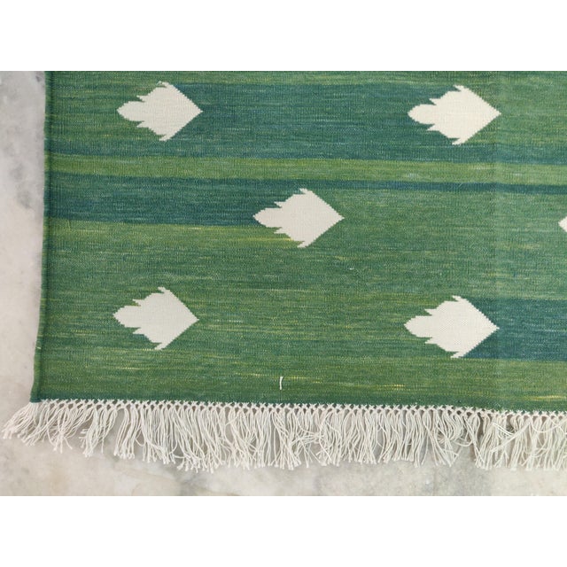 Handmade Cotton Fleur Rug, Forest Green and White Dhurrie - 14'x16' For Sale - Image 10 of 16