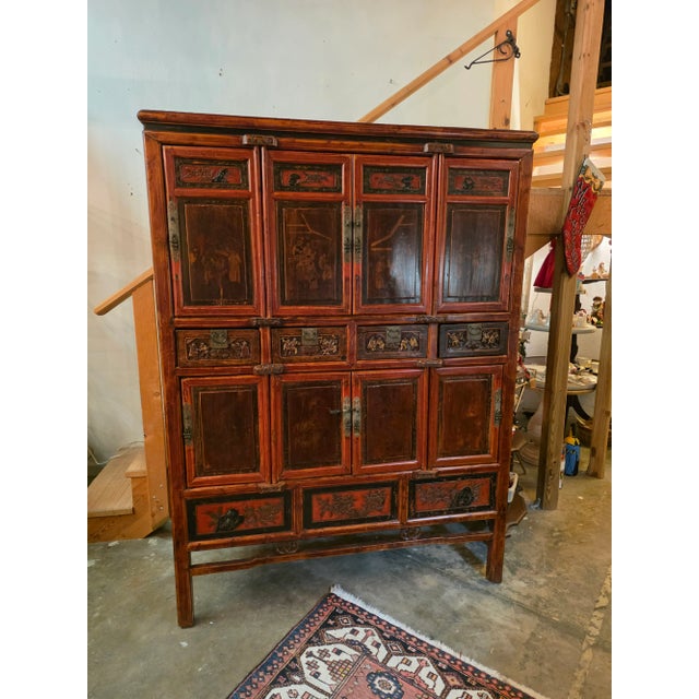 Red Large Red Asian Storage Cabinet With Red Finish For Sale - Image 8 of 10