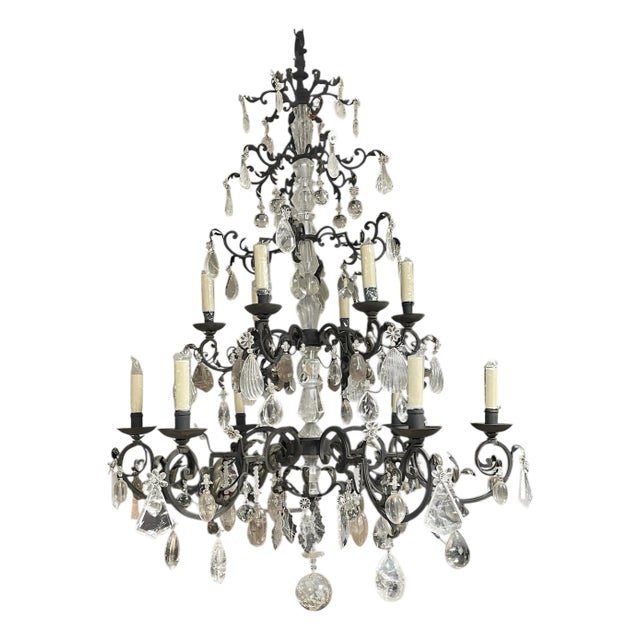 Hand-Carved Rock Crystal and Wrought Iron Chandelier. u.s.a. Late 20th Century. For Sale