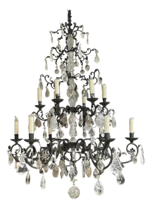 Hand-Carved Rock Crystal and Wrought Iron Chandelier. u.s.a. Late 20th Century.