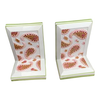 Vintage Italian Majolica Pink Paisley Ceramic Bookends - a Pair For Sale