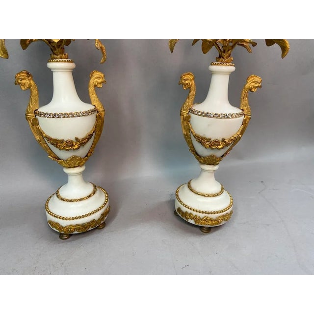 19thC French Louis XVI White Marble Bronze Candelabras - Pair For Sale - Image 9 of 17