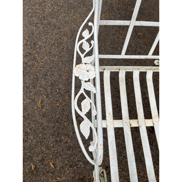 Vintage 1950s Woodward Style Wrought Iron White Chantilly Rose Pattern Set of 5 With Water Proof Cushion Patio Furniture For Sale - Image 4 of 7