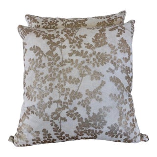 Pair of Custom White Pillows W/ Fern Botanical Design For Sale