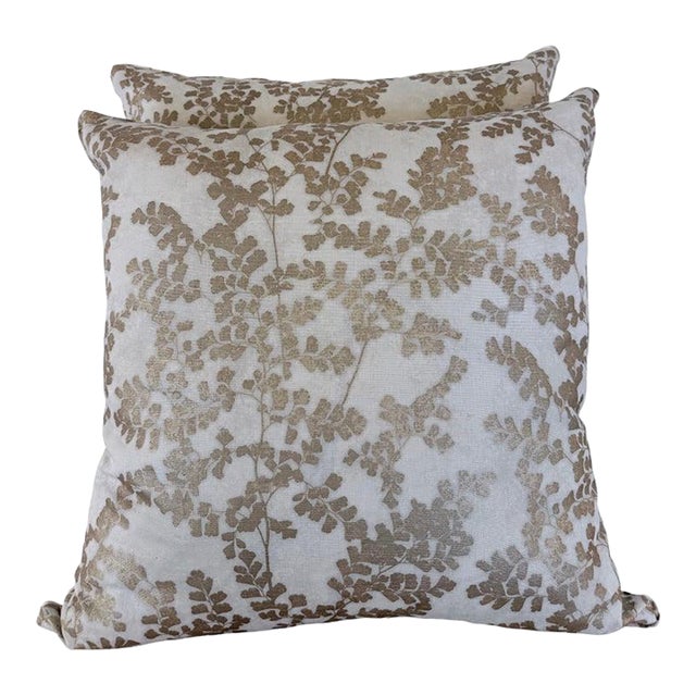 Pair of Custom White Pillows W/ Fern Botanical Design For Sale