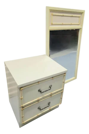 Vintage Faux Bamboo Palm Beach Regency Single 2 Drawer Night Stand Matching Mirror- Set 2