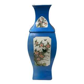 Chinese Bright Blue White Window Scenery Graphic Square Porcelain Vase For Sale
