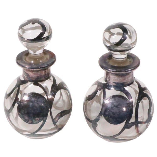 Victorian Early 20th Century Pr. Silver Overlay Perfume Bottles For Sale - Image 3 of 7
