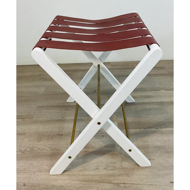 Original retail $780, stylish Made Goods Modern Aged Saddle Leather Luggage Rack, white wood frame, full grain leather,...