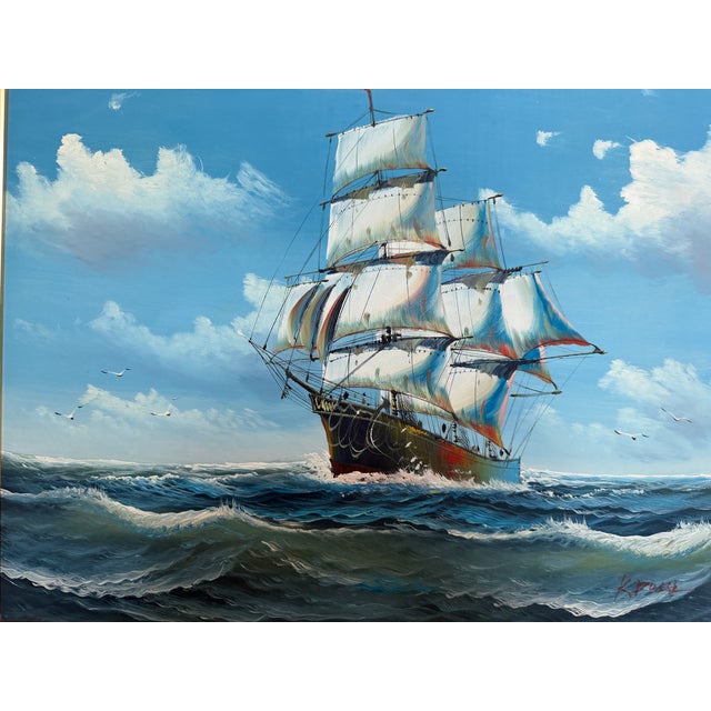 Textile K. Dossi Oil Painting Sailing Ship Seascape Signed Maritime Art Ocean Nautical For Sale - Image 7 of 13