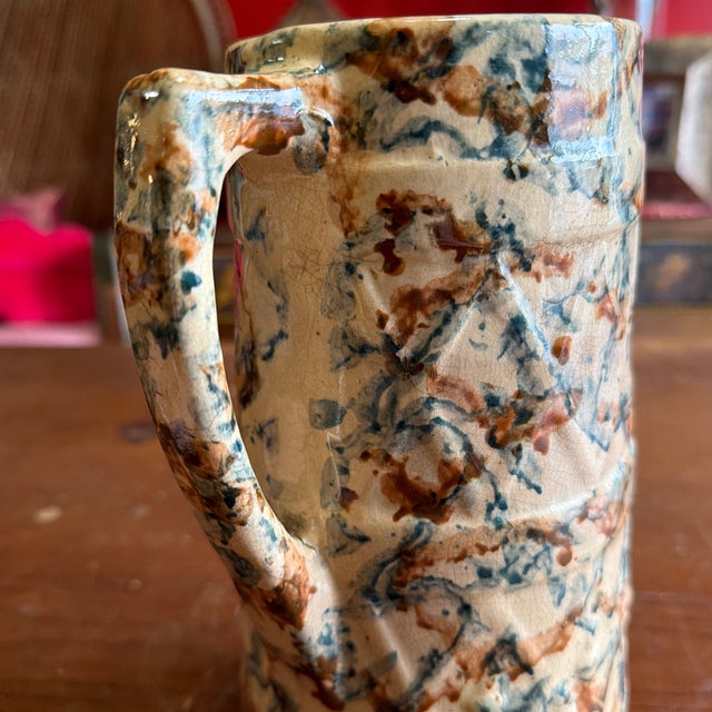Antique Farmhouse Yellowware Blue and Brown Sponge Decorated Pitcher, Circa 1870's For Sale - Image 6 of 12