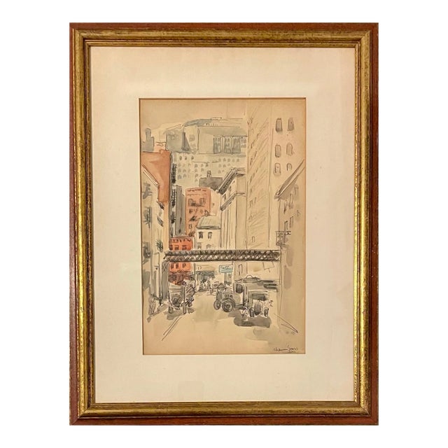 Chaim Gross Watercolor Painting Manhattan Skyscrapers Train NYC WPA Artist, c.1920s For Sale