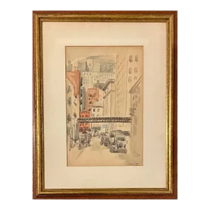 Chaim Gross Watercolor Painting Manhattan Skyscrapers Train NYC WPA Artist, c.1920s